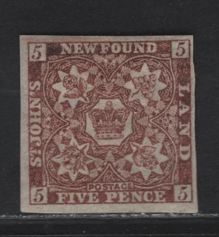 Lot 288 (C) Newfoundland SG#19 5d Reddish Brown Flower Heraldry, 1861-1862 3rd Pence Issue, A VFOG Imperf Single, Thin Crisp Paper