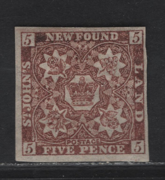 Lot 288 (C) Newfoundland SG#19 5d Reddish Brown Flower Heraldry, 1861-1862 3rd Pence Issue, A VFOG Imperf Single, Thin Crisp Paper