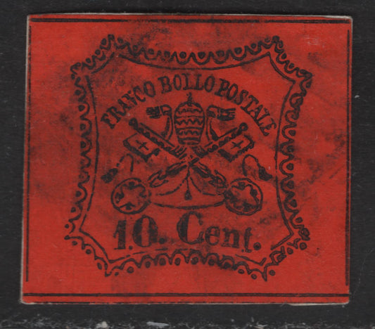 Lot 29 Roman States SC#15 10c Black on Vermillion Papal Arms, 1867 Arms Issue, A Very Fine Used Single, Glazed Paper, 4 Full Margins & Dividing Lines On 4 Sides, Continuous At Top & Bottom.