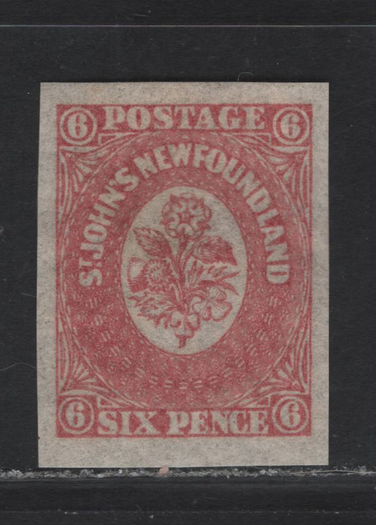 Lot 291 (C) Newfoundland SG#20 6d Rose Flower Heraldry, 1861-1862 3rd Pence Issue, An EFOG Imperf Single, Crisp Hard Wove Paper