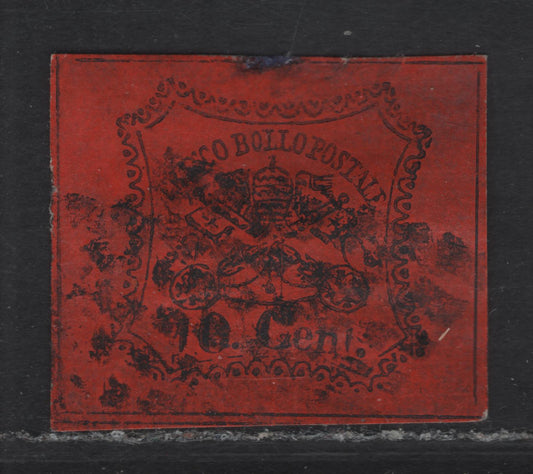 Lot 31 Roman States SC#15 10c Black on Vermillion Papal Arms, 1867 Arms Issue, A Very Fine Used Single, Glazed Paper, Dividing Lines Visible On All Sides, Horizontal Lines Are Continuous.