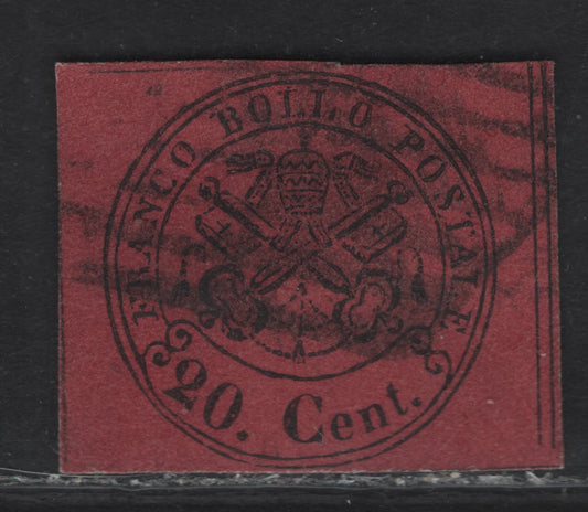 Lot 33 Roman States SC#16 20c Black on Copper Red Papal Arms, 1867 Arms Issue, A Very Fine Used Single, Unglazed Paper, Full Margins All Around, Traces Of Dividing Lines Visible On All Sides & Evidence That Horiz Lines Are Continuous (LR Corner).