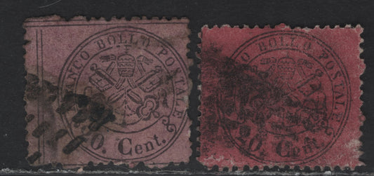 Lot 35 Roman States SC#23b, 23d 20c Black on Magenta - Black On Copper Red Papal Arms, 1868 Arms Issue, 2 Fair/Very Good Used Singles, Unglazed Paper, Magenta Stamp Has 2 Thins & Copper Red Has Some Surface Abrasions, But Both Are Originals.