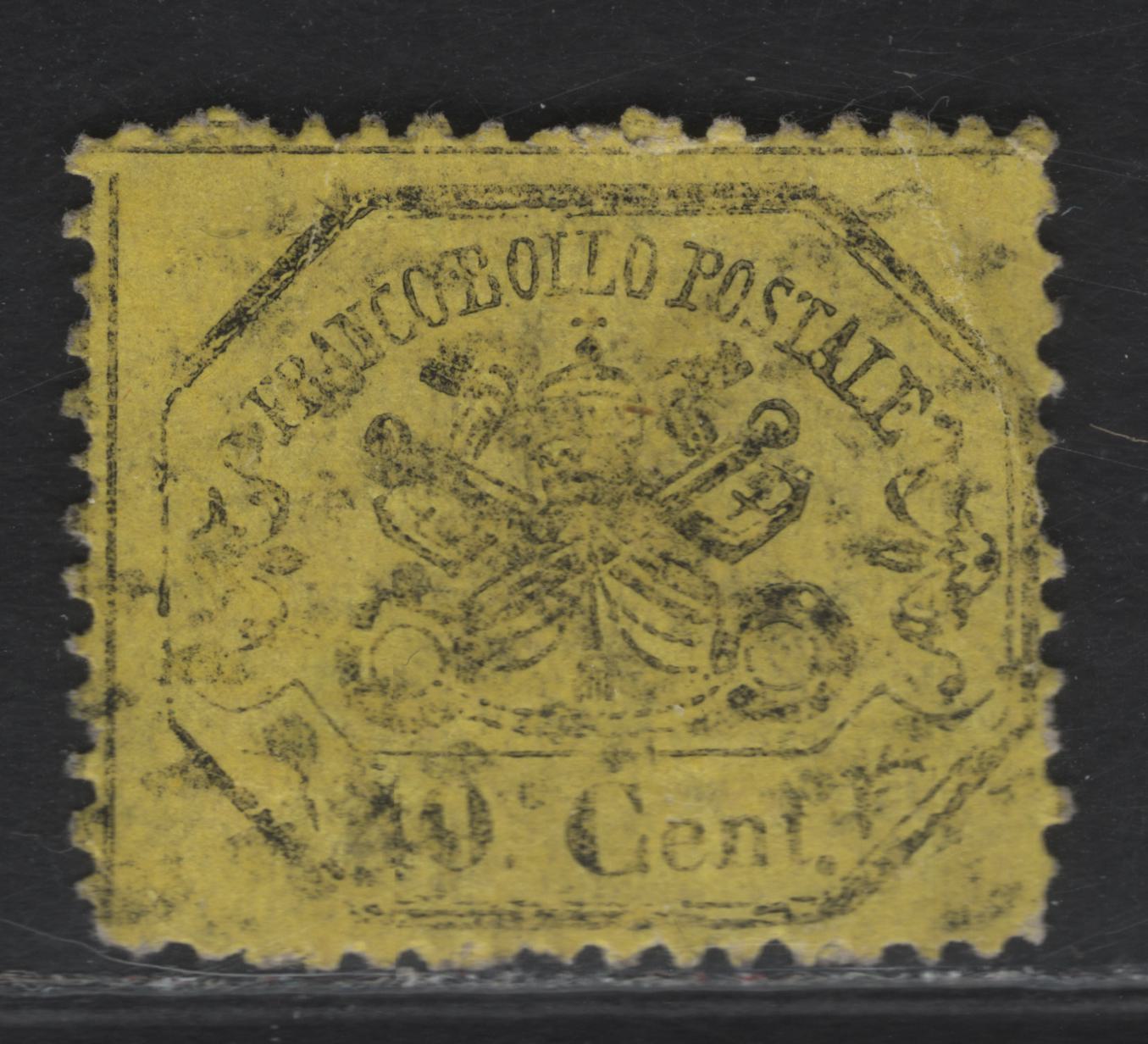 Lot 37 Roman States SC#24 40c Black on Greenish Yellow Papal Arms, 1868 Arms Issue, A Very Good Used Single, Perf 13, Small Diagonal Crease