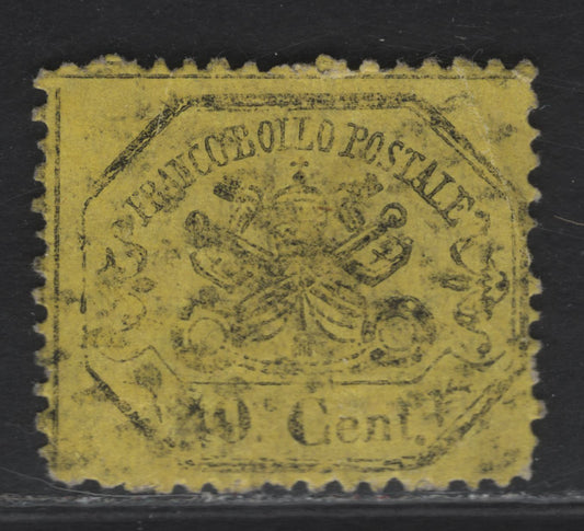 Lot 37 Roman States SC#24 40c Black on Greenish Yellow Papal Arms, 1868 Arms Issue, A Very Good Used Single, Perf 13, Small Diagonal Crease