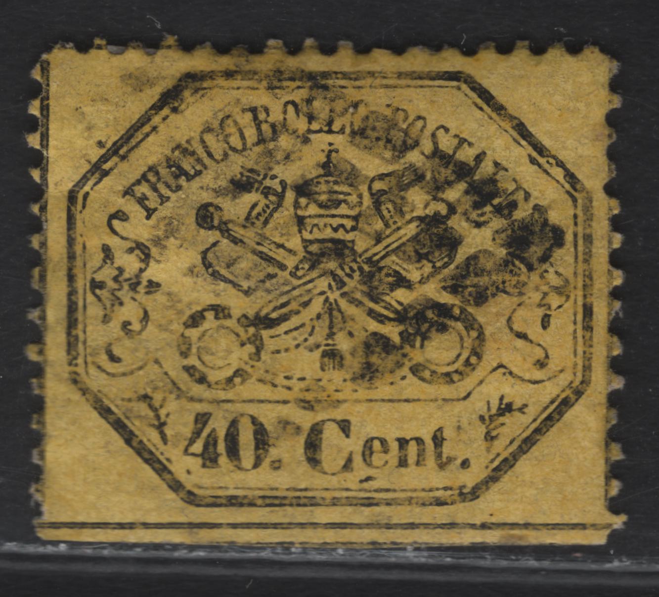 Lot 38 Roman States SC#24a 40c Black on Yellow Papal Arms, 1868 Arms Issue, A Very Fine Used Single, Continuous Horizontal Dividing Lines & Moderate Cancel, Perf 13, Contrast This Paper Color With Lots 36 & 37.