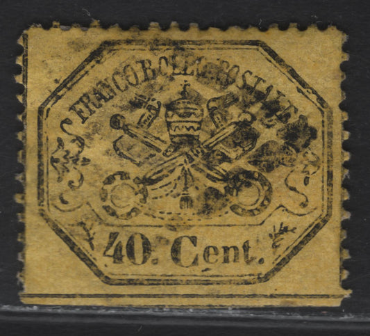 Lot 38 Roman States SC#24a 40c Black on Yellow Papal Arms, 1868 Arms Issue, A Very Fine Used Single, Continuous Horizontal Dividing Lines & Moderate Cancel, Perf 13, Contrast This Paper Color With Lots 36 & 37.