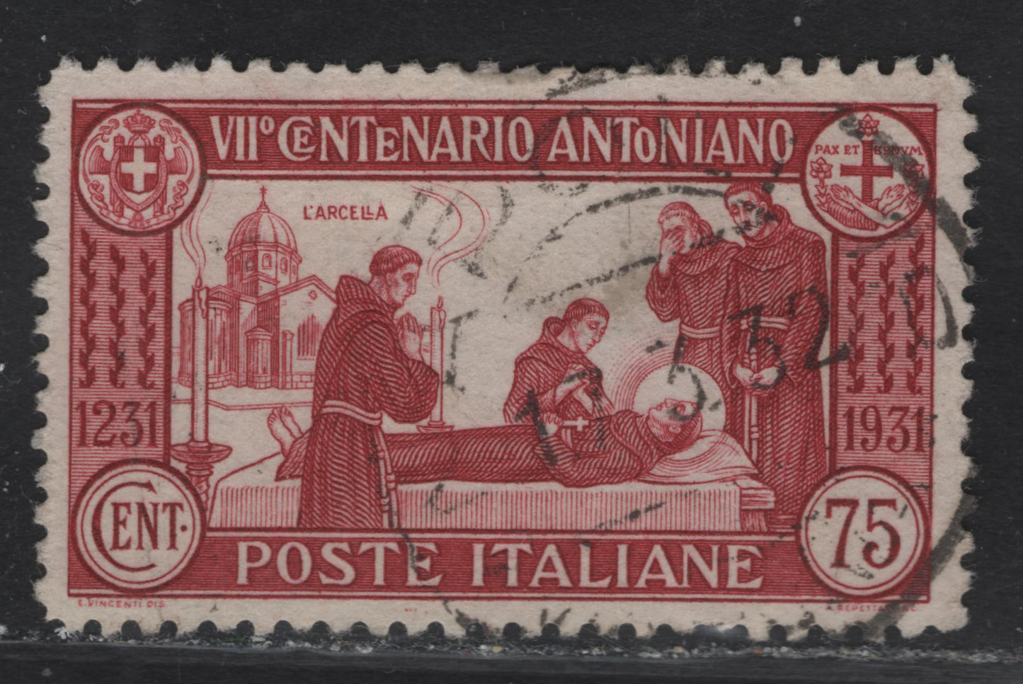 Lot 39 Italy SC#263a 75c Brown Red Death Of St Anthony of Padua, 1931 7th Death Centenary Of St Anthony of Padua Issue, A Very Fine Used Single, Cancel Is Dated March 17 1932, Just Over A Year Of Issue, Looks Consistent With Other Cancels