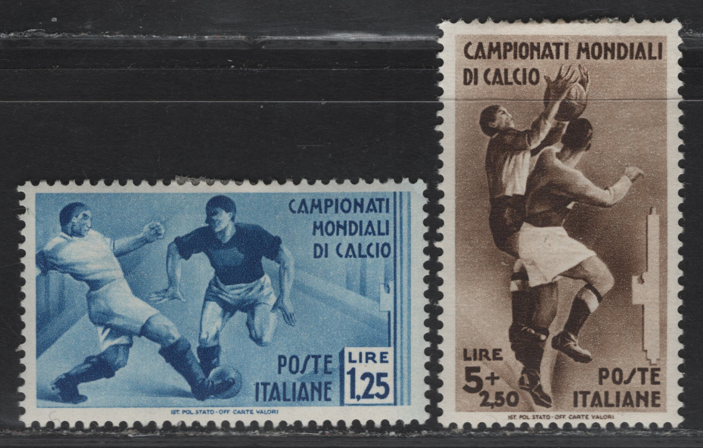 Lot 40 Italy SC#327-328 1.25l - 5l+2.5l Blue -Brown Soccer Players, 1934 2nd World Soccer Championship, 2 VFOG Singles