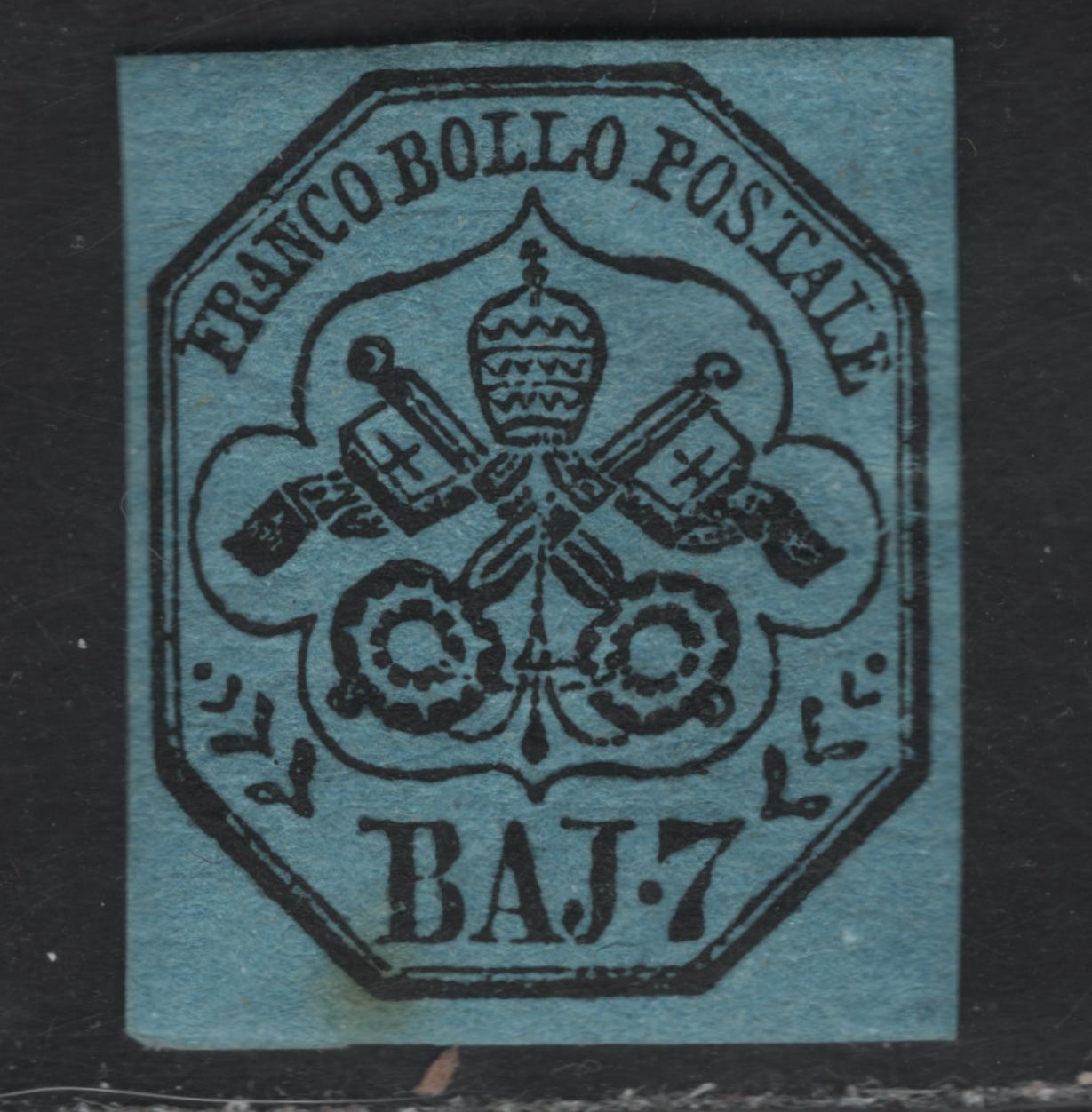 Lot 4 Roman States SC#8 7baj Black on Blue Papal Arms, 1852 Arms Issue, A FOG Single, Genuine Mint OG Example, Posesses All 10 Characteristics Of The Genuine Stamp