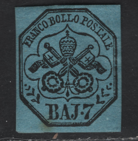 Lot 4 Roman States SC#8 7baj Black on Blue Papal Arms, 1852 Arms Issue, A FOG Single, Genuine Mint OG Example, Posesses All 10 Characteristics Of The Genuine Stamp