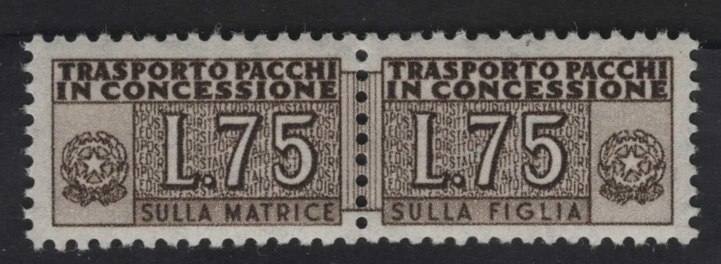 Lot 43 Italy SC#QY8 75l Brown Numeral, 1956-1958 Parcel Post, A VFOG Pair, Multiple Stars Wmk, Lightly Hinged