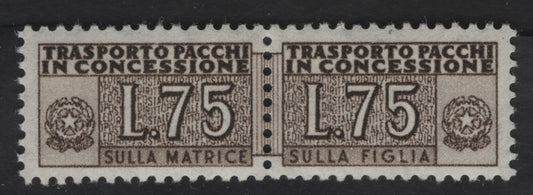 Lot 43 Italy SC#QY8 75l Brown Numeral, 1956-1958 Parcel Post, A VFOG Pair, Multiple Stars Wmk, Lightly Hinged