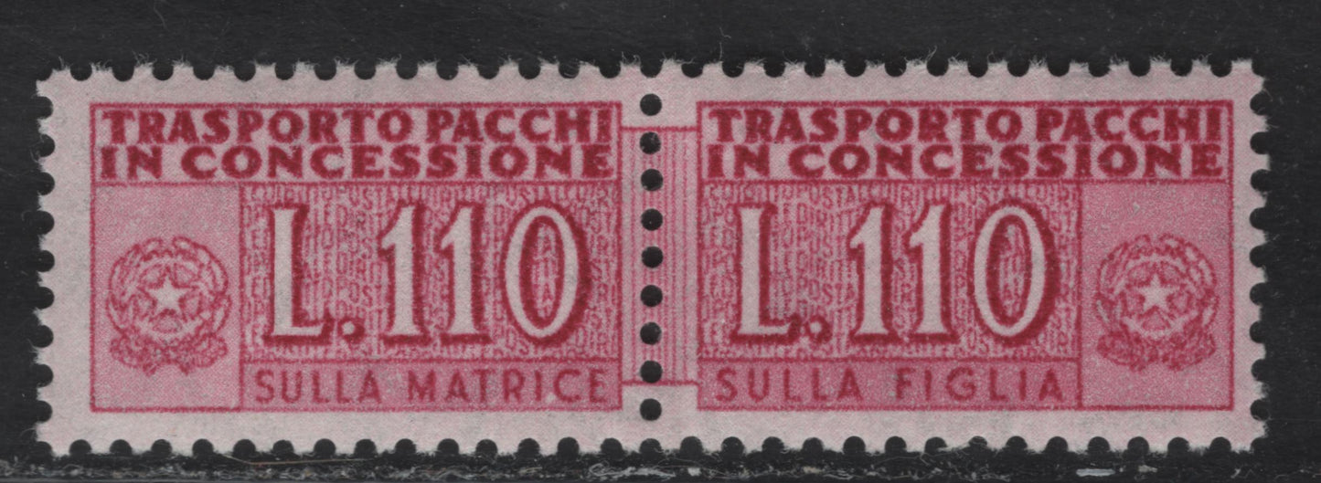 Lot 44 Italy SC#QY10 110l Lilac Rose Numeral, 1956-1958 Parcel Post, A VFOG Pair, Stars Wmk
