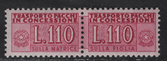 Lot 44 Italy SC#QY10 110l Lilac Rose Numeral, 1956-1958 Parcel Post, A VFOG Pair, Stars Wmk