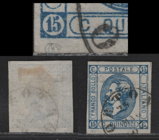 Lot 45 Italy SC#23a 15c Blue King Victor Emmanuel II, 1863 King Victor Emmanuel II Issue, A Very Fine Used Single, Type I , Scarce Type With Nearly Closed 'C'
