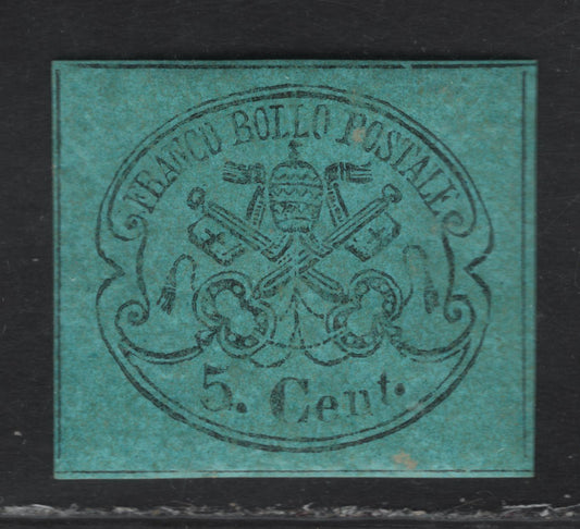 Lot 5 Roman States SC#14 5c Black on Light Blue Papal Arms, 1867 Arms Issue, A VFOG Single, Imperforate Glazed Paper, Scarce Genuine Mint OG Example, Full Horizontal Dividing Lines That Are Not Interrupted Where They Meet The Vertical Dividing Lines.
