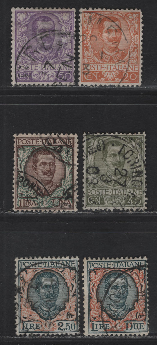 Lot 51 Italy SC#80, 84-85, 87, 89-90 50c - 2.5l Orange - Dark Green & Orange Victor Emmanuel III, 1901-1926 Victor Emmanuel III Issue, 6 Fine/Very Fine Used Singles