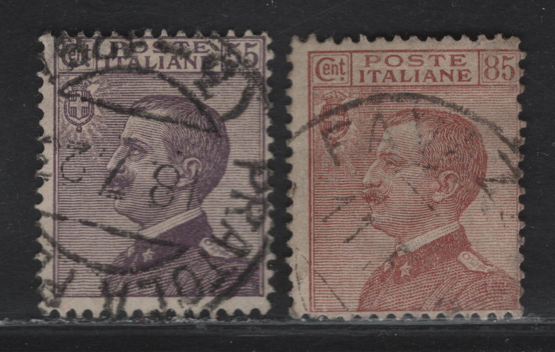 Lot 54 Italy SC#106, 110 55c - 85c Dull Violet - Red Brown Victor Emmanuel III, 1908-1927 Victor Emmanuel III Issue, 2 Very Good Used Singles