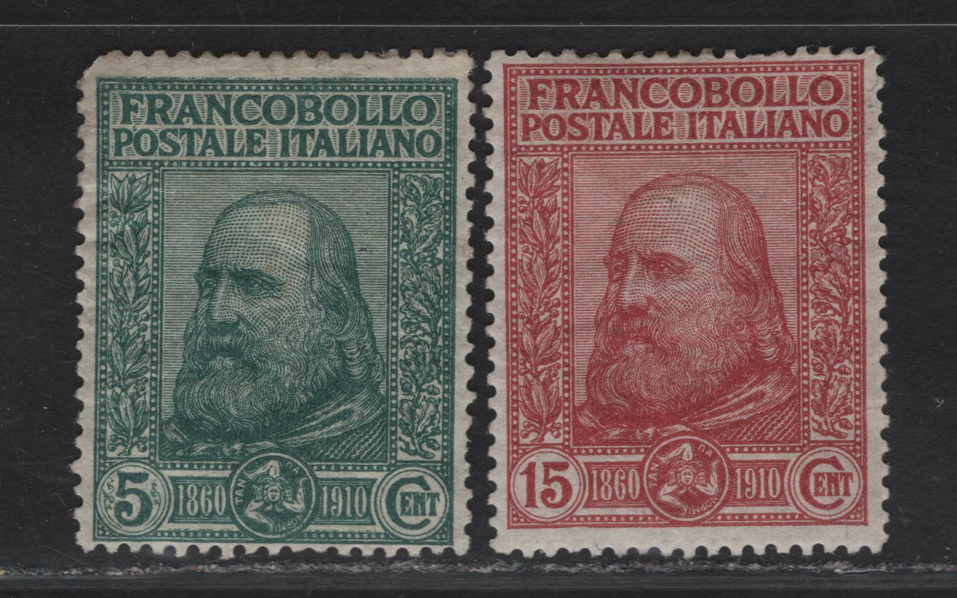 Lot 55 Italy SC#115-116 5c - 15c Green - Claret Giuseppe Garibaldi, 1910 Freedom of Sicily Issue, 2 FOG Singles