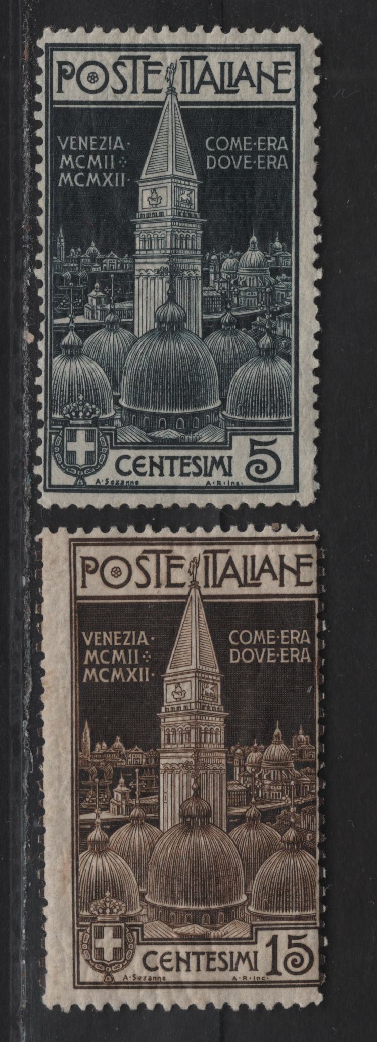 Lot 57 Italy SC#124-125 5c - 15c Indigo - Dark Brown Campanile, 1912 Re-Erection Of Campanile At Venice Issue, 2 VGOG Singles