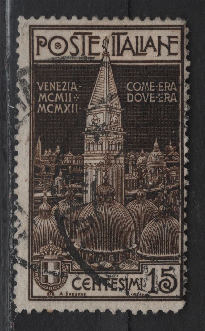 Lot 58 Italy SC#125 15c Dark Brown Campanile, 1912 Re-Erection Of Campanile At Venice Issue, A Fine Used Single, Scarce Used Example, Date On Cancel Isn't Easy To Read, But Cancel Looks Ok.