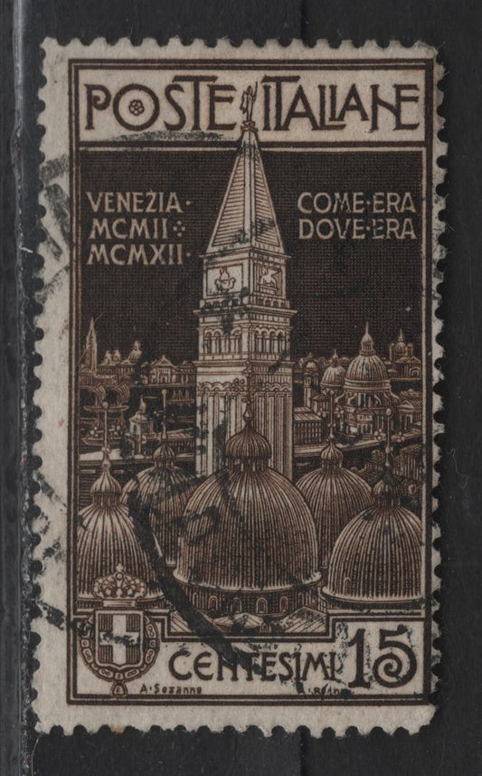Lot 58 Italy SC#125 15c Dark Brown Campanile, 1912 Re-Erection Of Campanile At Venice Issue, A Fine Used Single, Scarce Used Example, Date On Cancel Isn't Easy To Read, But Cancel Looks Ok.