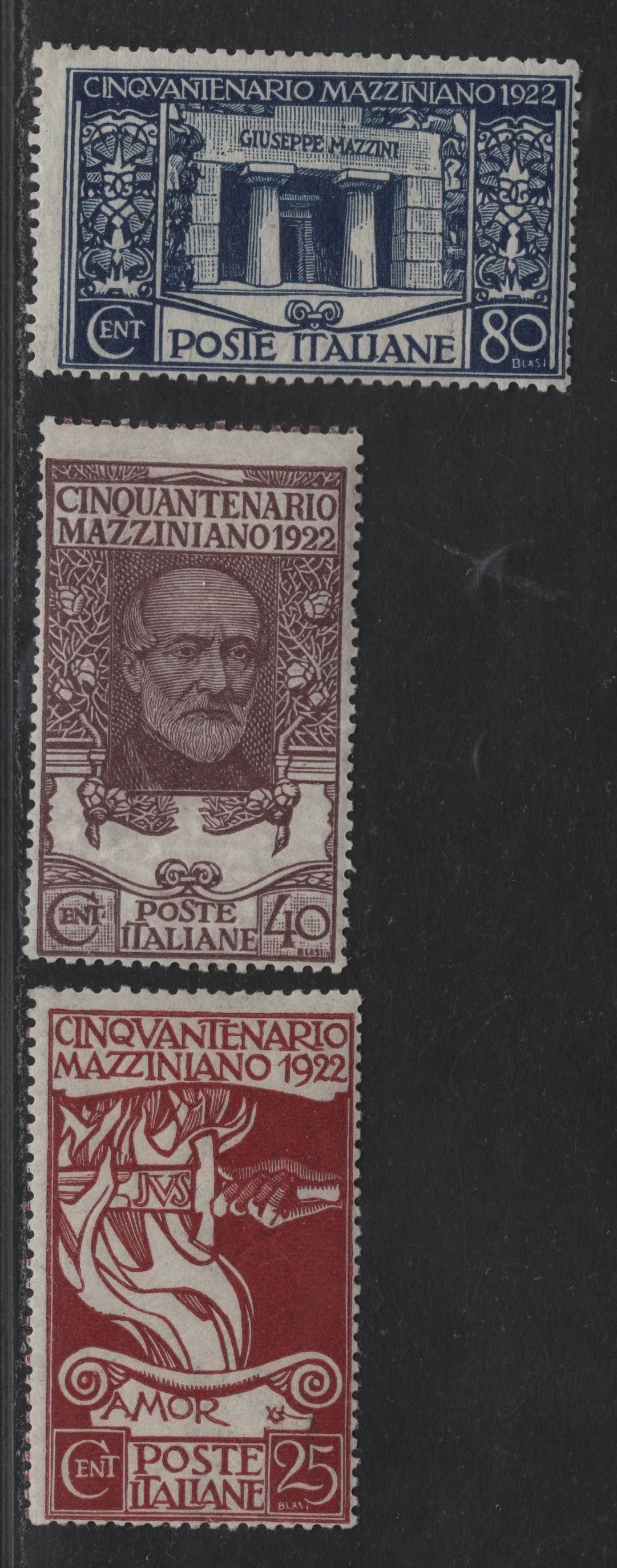 Lot 59 Italy SC#140-142 25c - 80c Maroon - Dark Blue Flame of Patriotism - Mazzini's Tomb, 1922 Mazzini Issue, 3 FOG Singles, Fine Centering For This Issue