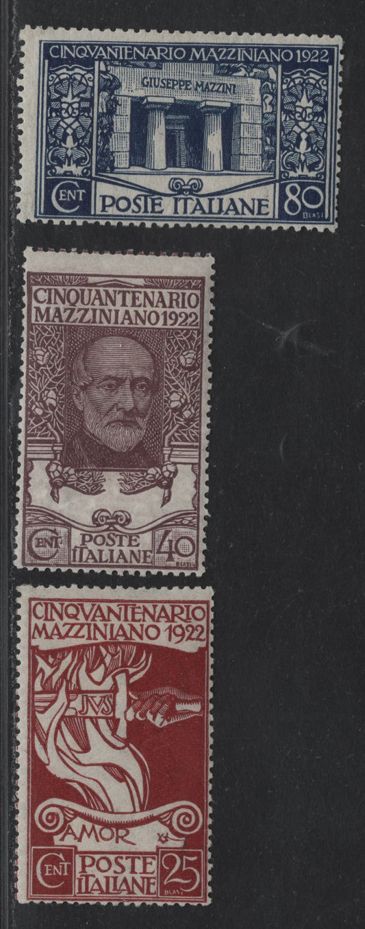 Lot 59 Italy SC#140-142 25c - 80c Maroon - Dark Blue Flame of Patriotism - Mazzini's Tomb, 1922 Mazzini Issue, 3 FOG Singles, Fine Centering For This Issue