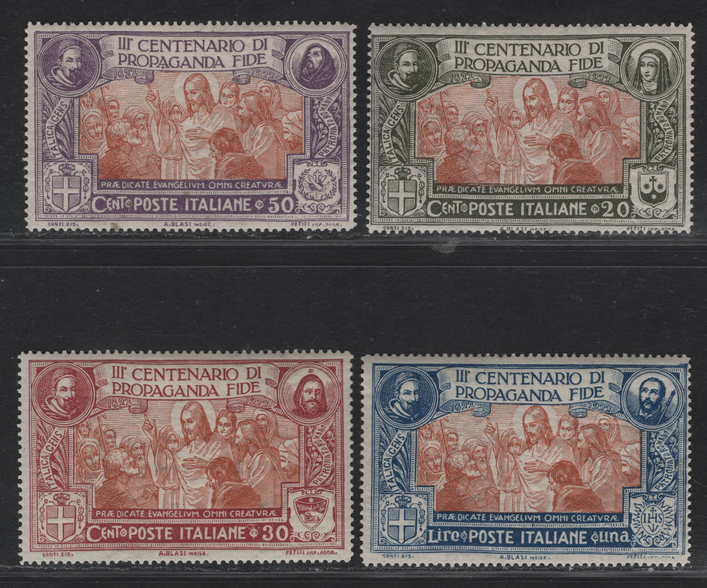 Lot 60 Italy SC#143-146 20c - 1l Olive Green & Brown Orange - Blue & Brown Orange Christ Preaching The Gospel, 1923 300th Anniv of Propagation of the Faith Issue, 4 F/VFOG Singles