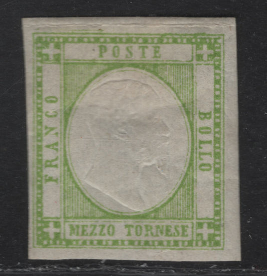 Lot 6 Neapolitan Provinces SC#19a 1/2t Yellow Green King Victor Emmanuel II, 1861 King Victor Emmanuel II Issue, A VFOG Single, Posesses The Characteristics of The Genuine Stamps, Margins Are Full At Right & Bottom, Top is Full But Creased.
