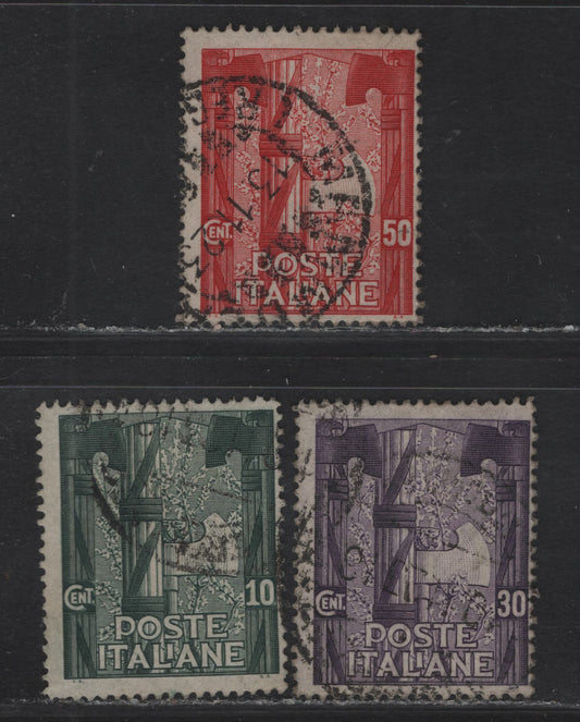 Lot 61 Italy SC#159-161 10c - 50c Dark Green - Brown Carmine Emblem of new Govt - Symbolical of Fascism & Italy, 1923 Anniv of March on Rome Issue, 3 Fine Used Singles