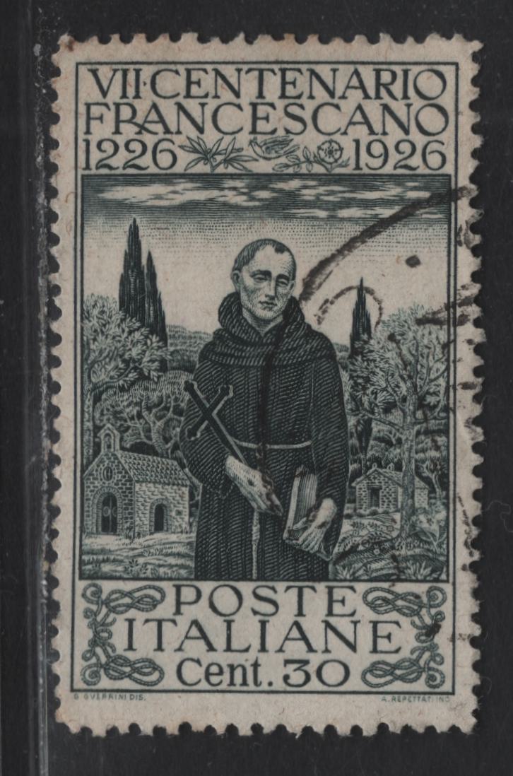 Lot 63 Italy SC#181a 30c Slate Black St Francis of Assisi, 1926 Francis of Assisi Issue, A Very Fine Used Single, Cancel Might Not Be Contemporary, Perf 13.5