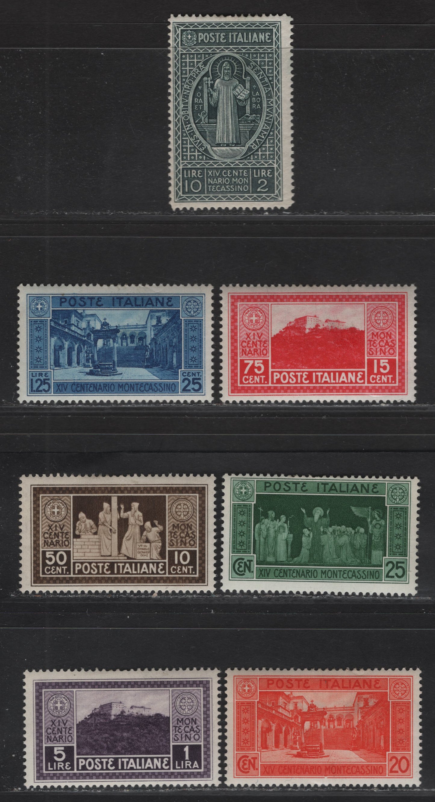 Lot 68 Italy SC#232-238 20c - 10l+2l Orange - Slate Green Courtyard - Monks Laying Cornerstone, 1929 Abbey of Monte CassinoIssue, 7 F/VFOG Singles, 75c+15c Has Two Perfs Creased At Right