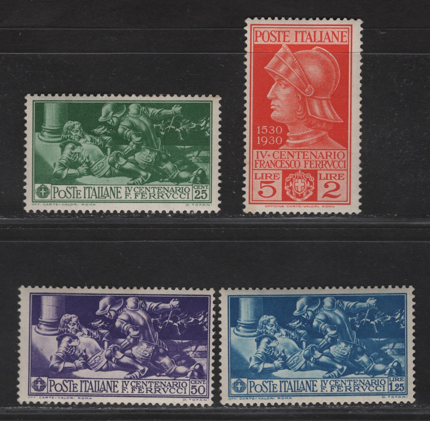 Lot 69 Italy SC#243-246 25c - 5l+2l Deep Green - Red Orange Fabrizio Killing Ferrucci - Francesco Ferrucci, 1930 Ferrucci Issue, 4 F/VFOG Singles