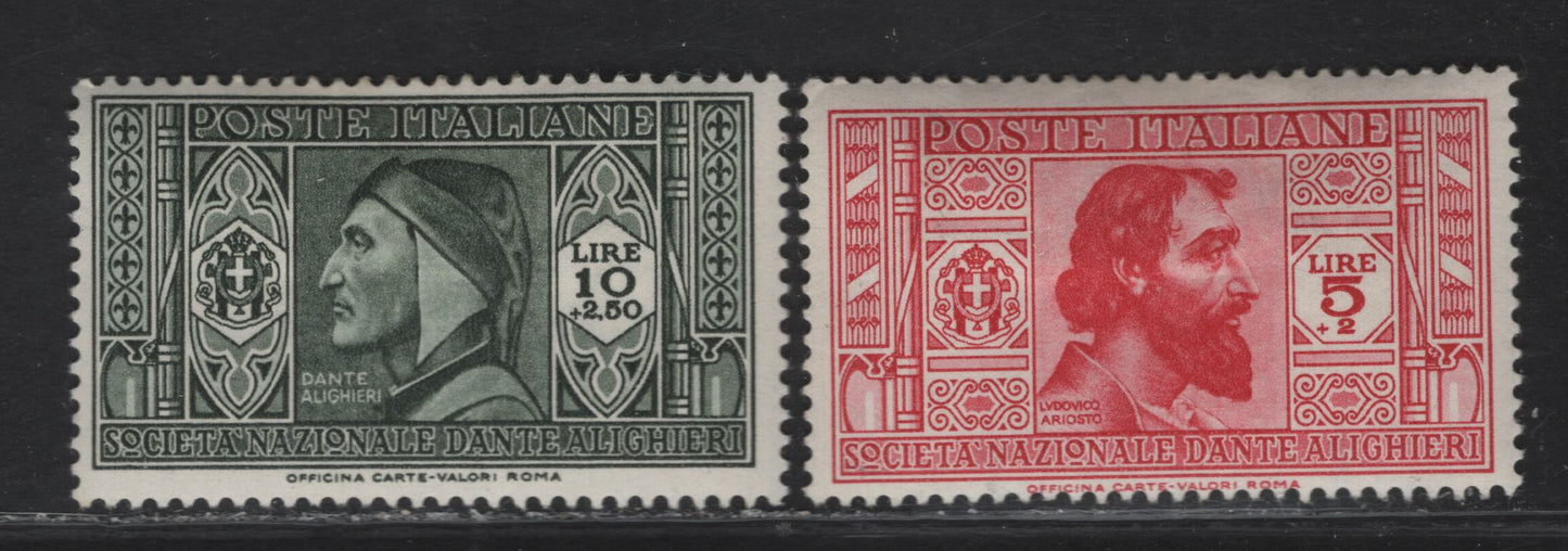 Lot 71 Italy SC#278-279 5l+2l - 10l+2.5l Rose Carmine - Olive Green Ludovico Ariosto - Dante Alighieri, 1932 Dante Alighieri Society Issue, 2 F/VFOG Singles