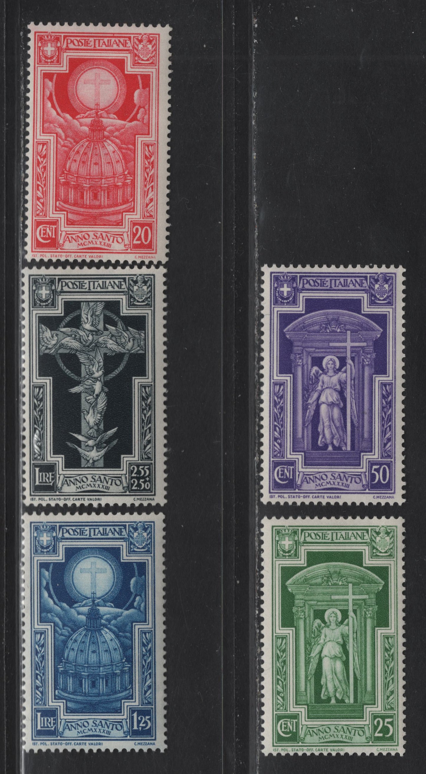 Lot 74 Italy SC#310-314 20c - 2.55l+2.5l Rose Red - Black Cross in Halo, St Peter's Dome - Cross With Doves, 1933 Holy Year Issue, 5 F/VFOG Singles