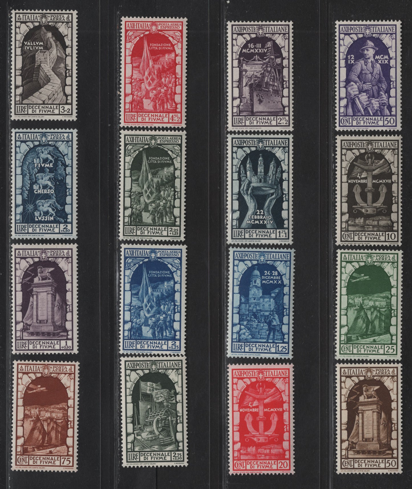 Lot 75 Italy SC#315-321, C56-C61, CE5-CE7 10c - 4.5l+2l Dark Brown - Carmine Anchor - Flag Raising Over HQ, 1934 10th Anniv of Annexation of Fiume Issue, 16 VFOG Singles