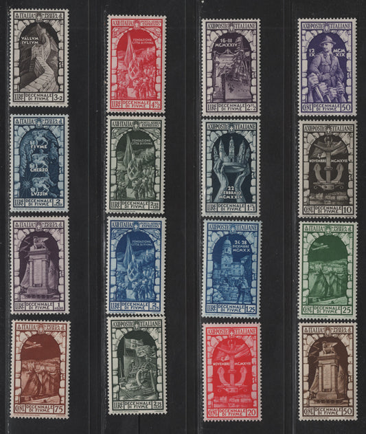 Lot 75 Italy SC#315-321, C56-C61, CE5-CE7 10c - 4.5l+2l Dark Brown - Carmine Anchor - Flag Raising Over HQ, 1934 10th Anniv of Annexation of Fiume Issue, 16 VFOG Singles