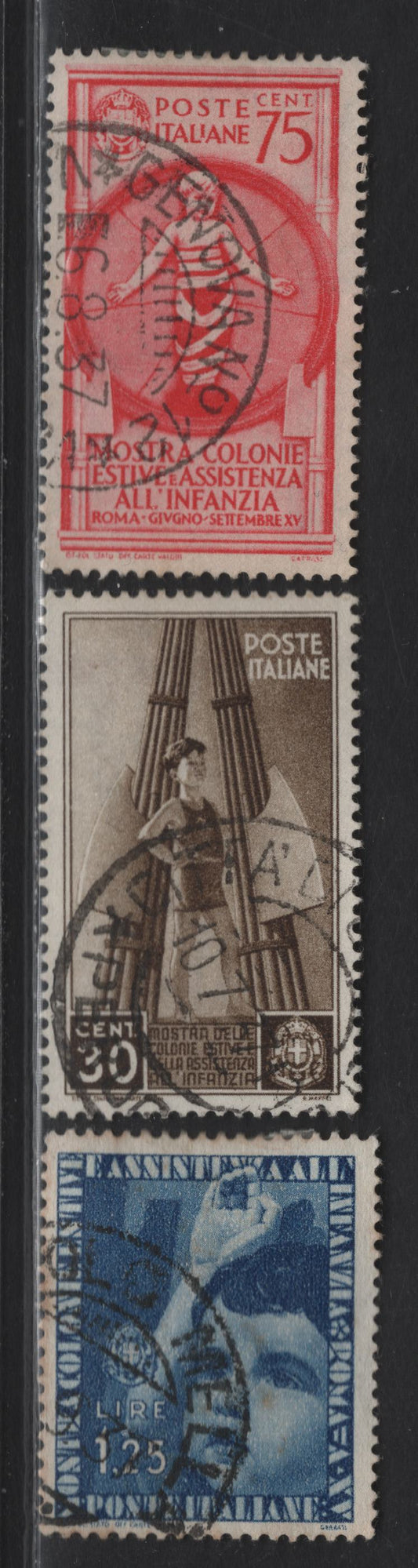 Lot 79 Italy SC#370, 372-373 30l - 1.25l Dark Brown - Dark Blue Child & Fasces - Child Giving Salute, 1937 Summer Exhibition for Child Welfare Issue, 3 Very Fine Used Singles