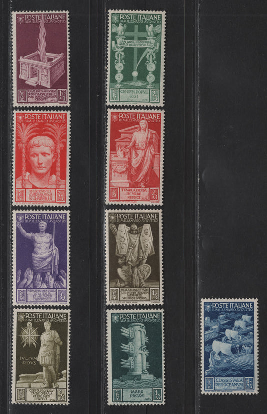 Lot 80 Italy SC#377-385 10c - 1.75+1l Myrtle Green - Plum Rostral Column - Sacrificial Altar, 1937 Bimillenary of Augustus Caesar Issue, 9 F/VFOG Singles