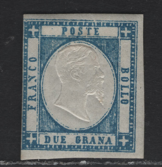 Lot 8 Neapolitan Provinces SC#22 2g Blue King Victor Emmanuel II, 1861 King Victor Emmanuel II Issue, A FOG Single, Displaying Same Characteristics As Lot 7, Full Margins On 3 Sides, Very Close On One.