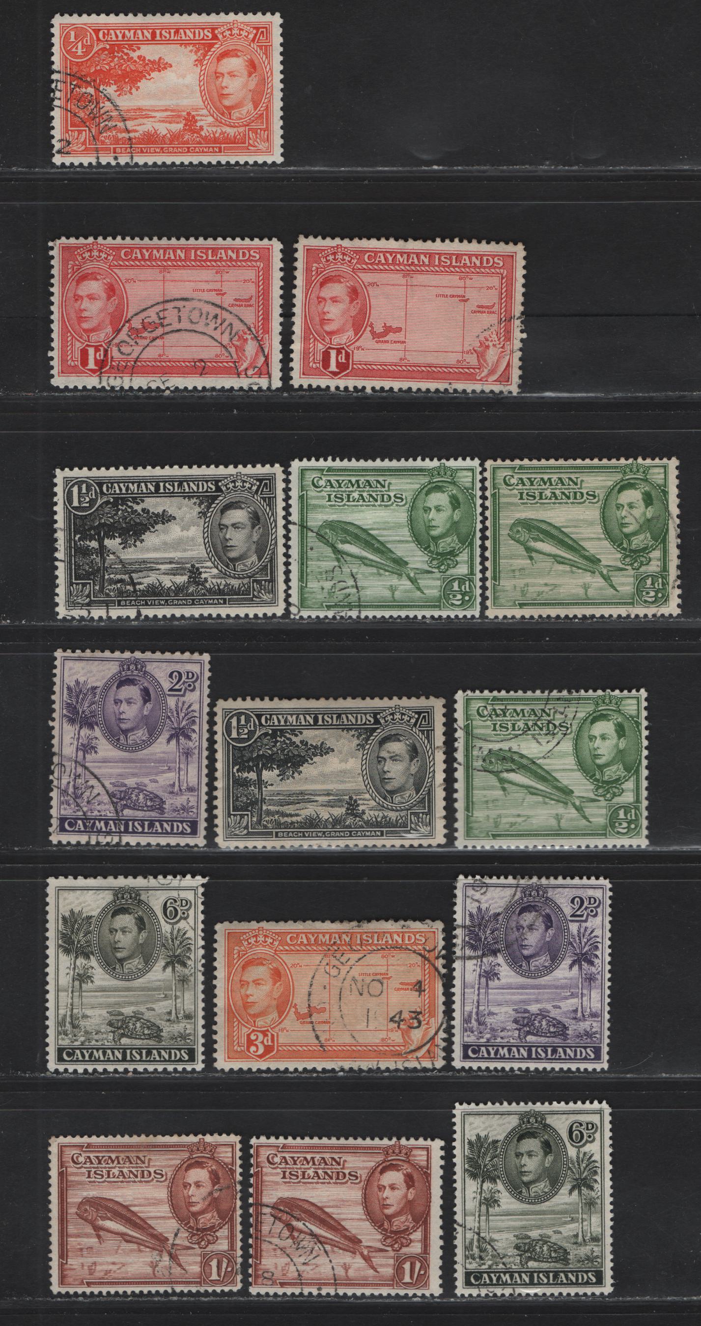 Lot 83 (C) Cayman Islands SG#115, 116-a, 117-118, 119-119a, 121, 122b, 123-a 1/4d - 1/- Red Orange - Red Brown King George VI, 1938-1948 KGVI Pictorial Issue, 15 Fine/Very Fine Used Singles, Includes Both Perfs of 1/2d, 2d, 6d & 1/-, Different Shades