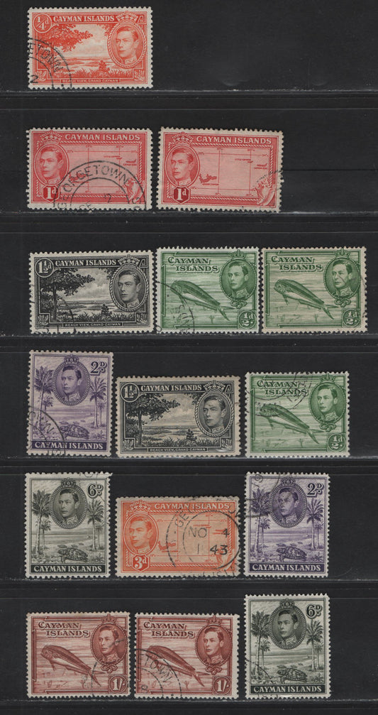 Lot 83 (C) Cayman Islands SG#115, 116-a, 117-118, 119-119a, 121, 122b, 123-a 1/4d - 1/- Red Orange - Red Brown King George VI, 1938-1948 KGVI Pictorial Issue, 15 Fine/Very Fine Used Singles, Includes Both Perfs of 1/2d, 2d, 6d & 1/-, Different Shades