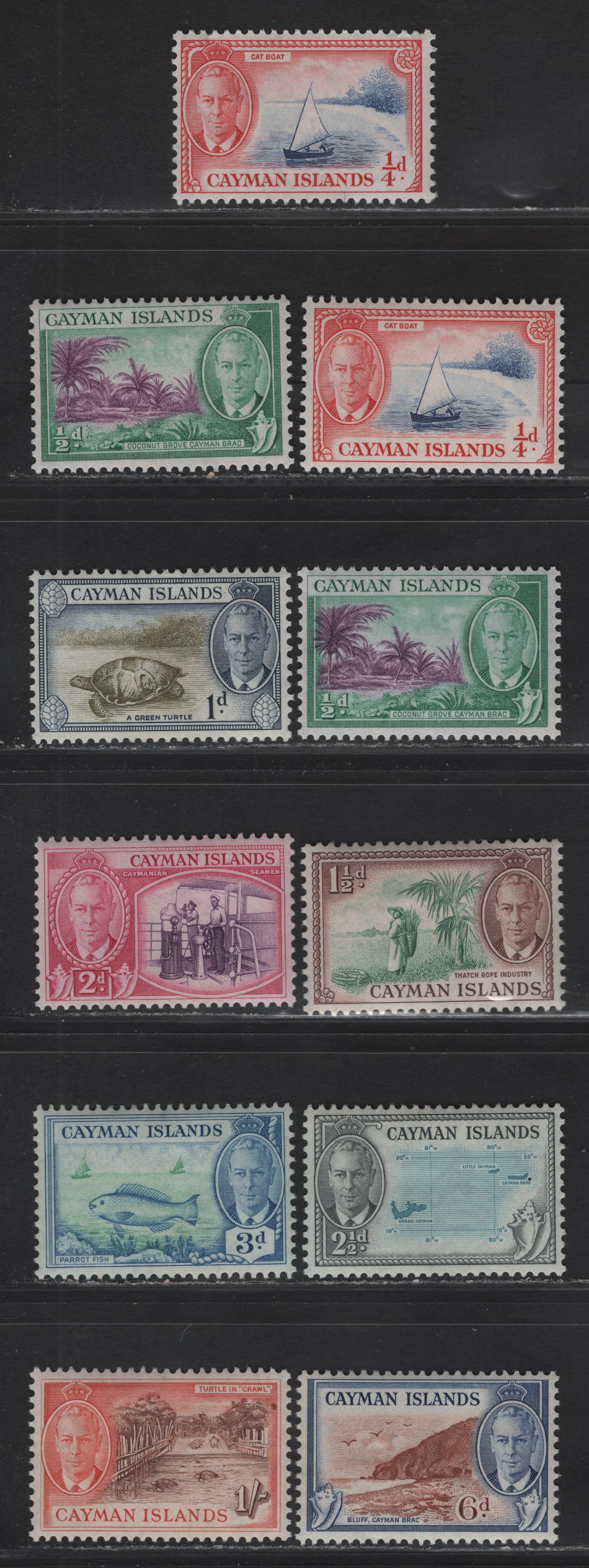 Lot 84 Cayman Islands SG#135-142, 144 1/4d - 1/- Bright Blue & Scarlet - Brown & Orange King George VI, 1950 KGVI Pictorial Issue, 11 VFOG Singles, Includes 2 Shades Of 1/4d & 1/2d, One 1/4d is NH