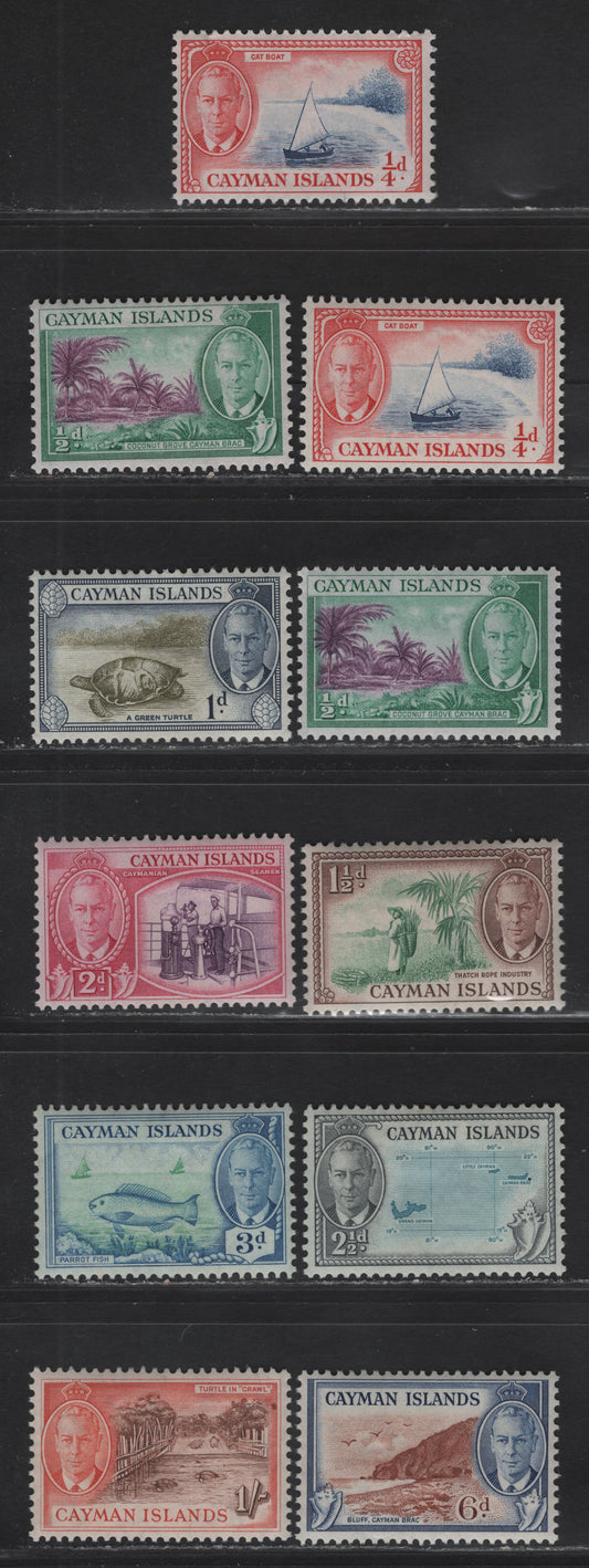 Lot 84 Cayman Islands SG#135-142, 144 1/4d - 1/- Bright Blue & Scarlet - Brown & Orange King George VI, 1950 KGVI Pictorial Issue, 11 VFOG Singles, Includes 2 Shades Of 1/4d & 1/2d, One 1/4d is NH