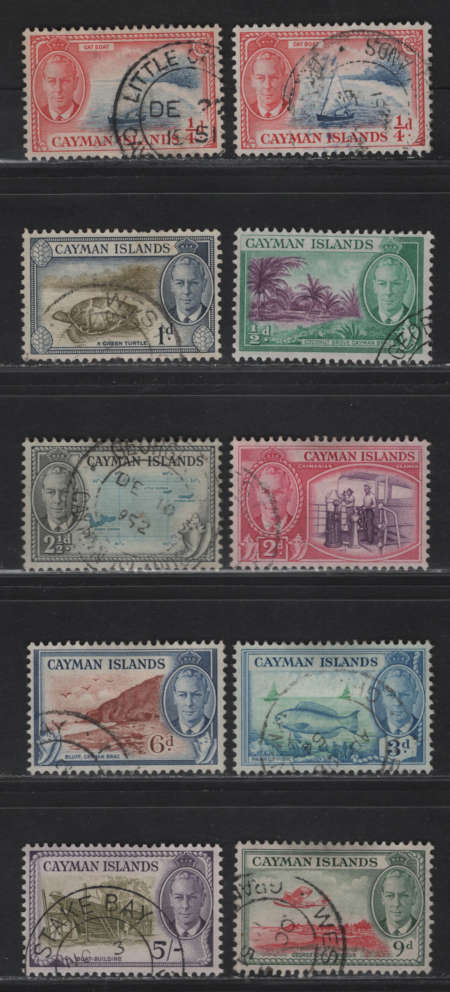Lot 85 (C) Cayman Islands SG#135-137, 139-143, 146 1/4d - 5/- Bright Blue & Scarlet - Olive Green & Violet King George VI, 1950 KGVI Pictorial Issue, 10 Very Fine Used Singles, Including 2 Shades Of 1/4d