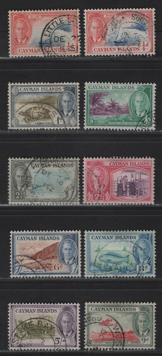 Lot 85 (C) Cayman Islands SG#135-137, 139-143, 146 1/4d - 5/- Bright Blue & Scarlet - Olive Green & Violet King George VI, 1950 KGVI Pictorial Issue, 10 Very Fine Used Singles, Including 2 Shades Of 1/4d