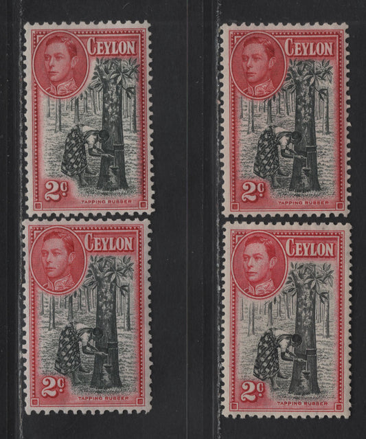 Lot 87 (C) Ceylon SG#386,c 2c Black & Carmine Tapping Rubber, 1938-1949 KGVI Pictorial Issue, 4 VFOG Singles, 1938 Printing perf 11.5x13, Three Shades of 1944 Printing, Perf 11x11.5