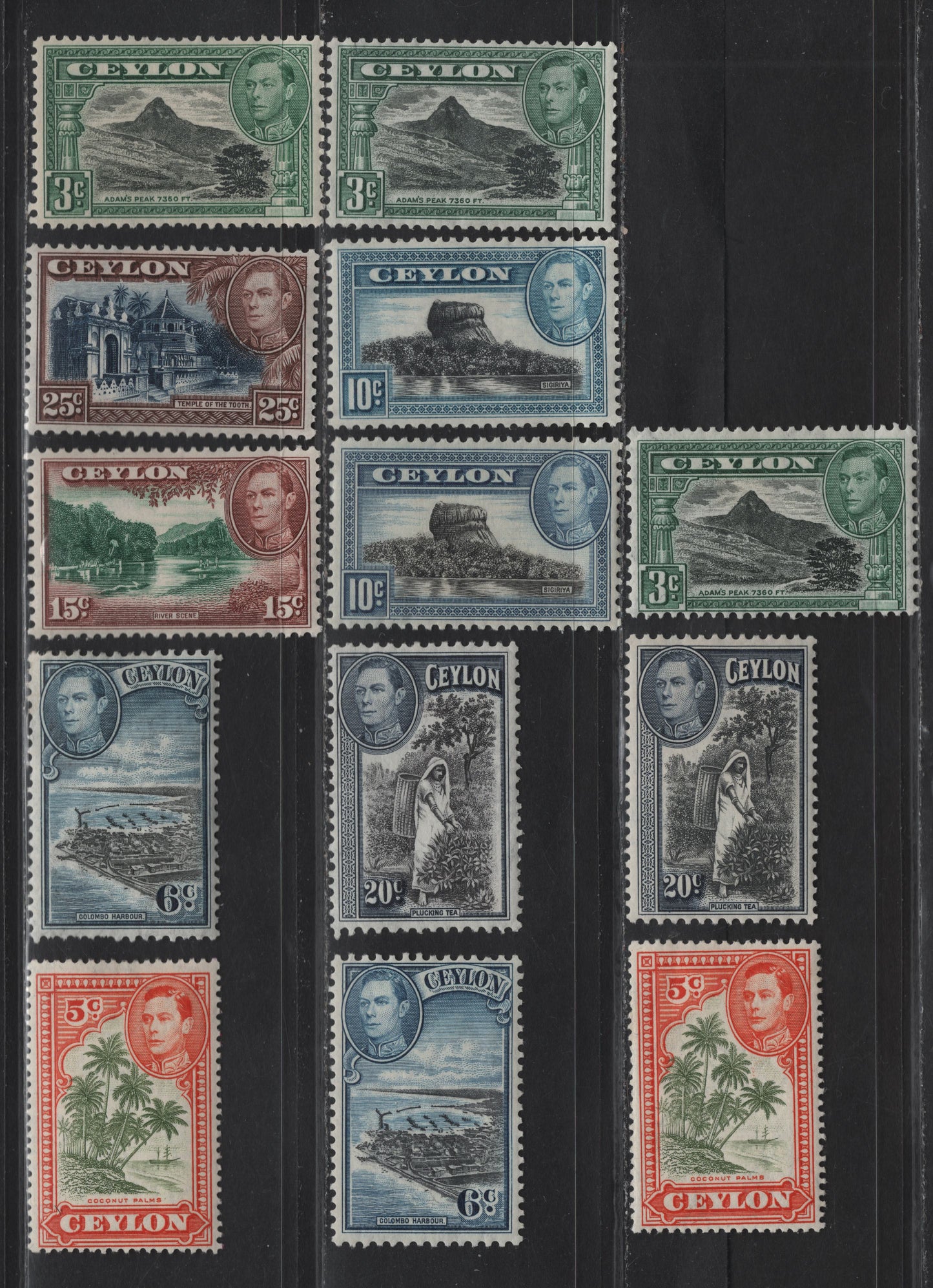 Lot 88 (C) Ceylon SG#387d,f, 388, 389-a, 390-392 3c - 25c Black & Deep Blue Green - Deep Blue & Chocolate Adam's Peak - Temple of the Tooth, 1938-1949 KGVI Pictorial Issue, 13 F/VFOG Singles, Mostly 1938 & Wartime Printings